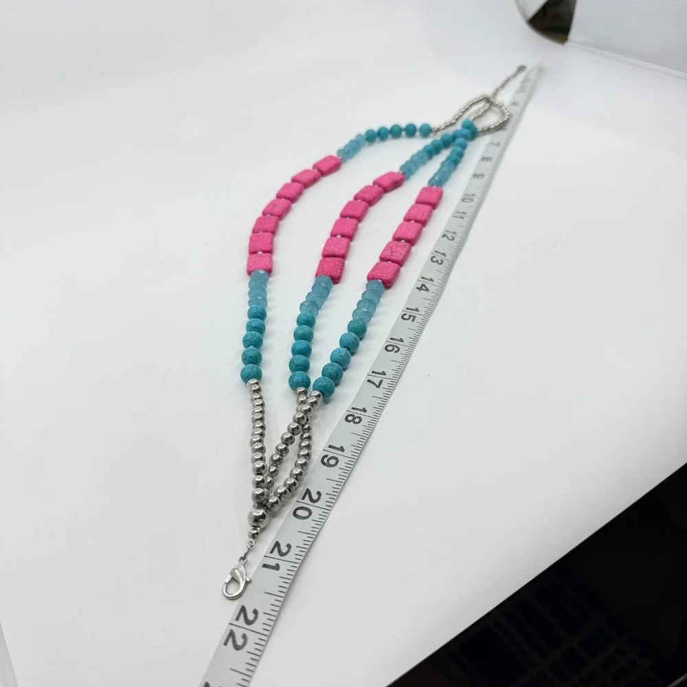 Hot Pink Turquoise Blue Bead Triple Strand Necklace Chunky Boho Statement Gift